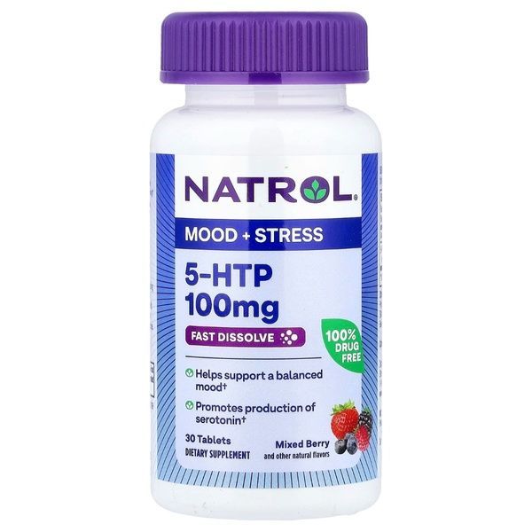 5-HTP (Гидрокситриптофан) быстрорастворимый, 100 мг, вкус диких ягод, 5-HTP, Natrol, 30 таблеток,  Natrol фото