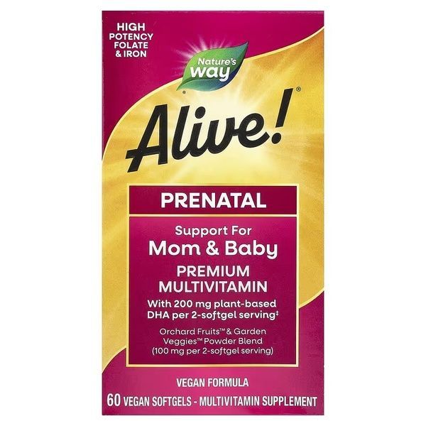Мультивитамины премиум для беременных, Alive! Complete Premium Prenatal Multivitamin, Nature's Way, 60 гелевых капсул,  Nature's Way фото