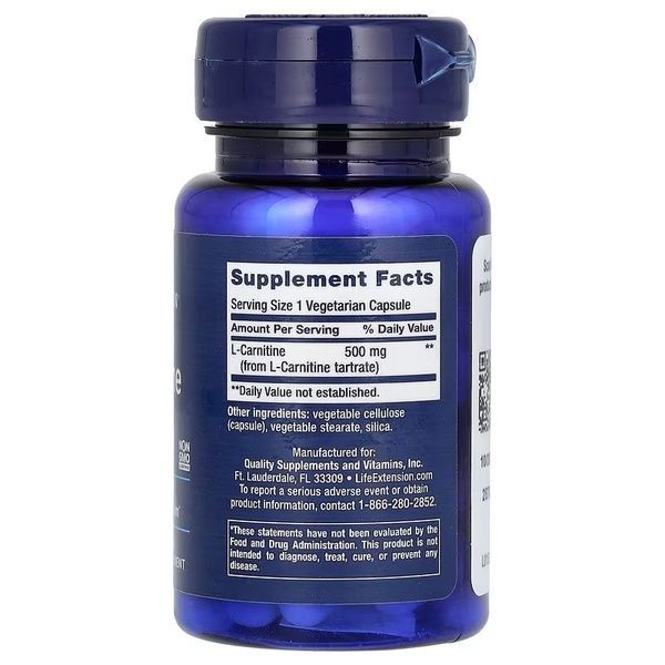 L-Карнітин, 500 мг, L-Carnitine, Life Extension, 30 вегетаріанських капсул,  Life Extension фото