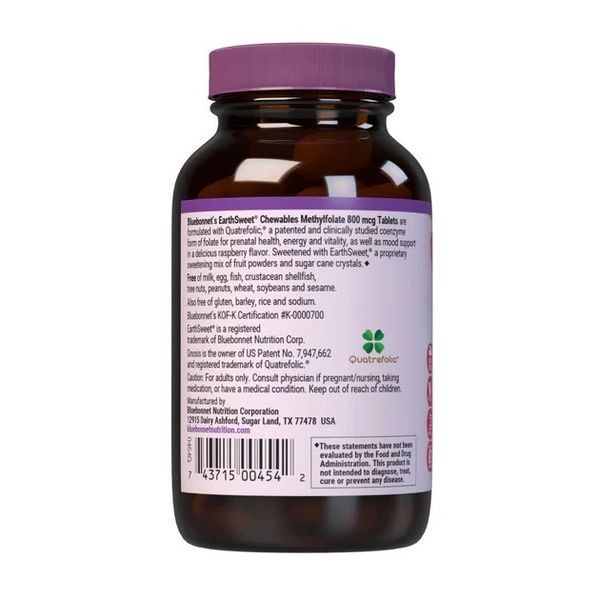 Метилфолат (B9) 800мкг, Вкус Малины, Earth Sweet Chewables, Bluebonnet Nutrition, 90 жевательных таблеток,  Bluebonnet Nutrition фото