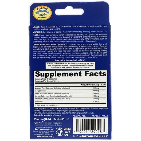 Комплекс для Хорошего Сна, Sleep Optimizer, Jarrow Formulas, 30 капсул,  Jarrow Formulas фото