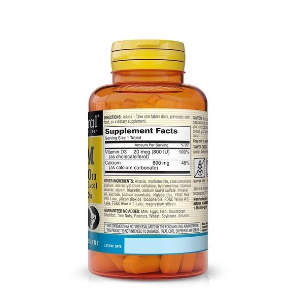 Кальций 600 мг с Витамином D3 800 МЕ, Calcium 600 mg with Vitamin D3 800 IU, Mason Natural, 60 таблеток,  Mason Natural фото