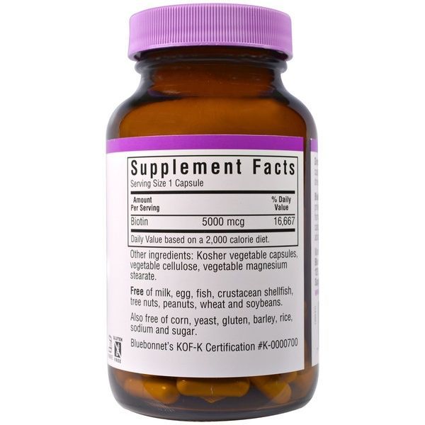 Бiотин (B7) 5000мкг, Bluebonnet Nutrition, 60 вегетаріанських капсул,  Bluebonnet Nutrition фото
