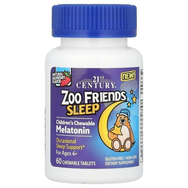 Мелатонин для детей, от 4 лет, вкус малины, Zoo Friends Sleep, Children's Chewable Melatonin, Ages 4+, 21st Century, 60 жевательных таблеток,  21st Century фото