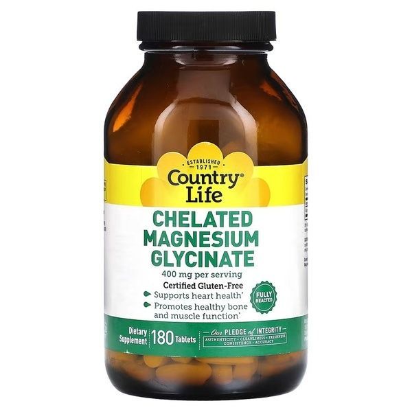Магний Хелатный глицинат, 400 мг, Chelated Magnesium Glycinate, Country Life, 180 таблеток (133 мг в таблетке),  Country Life фото