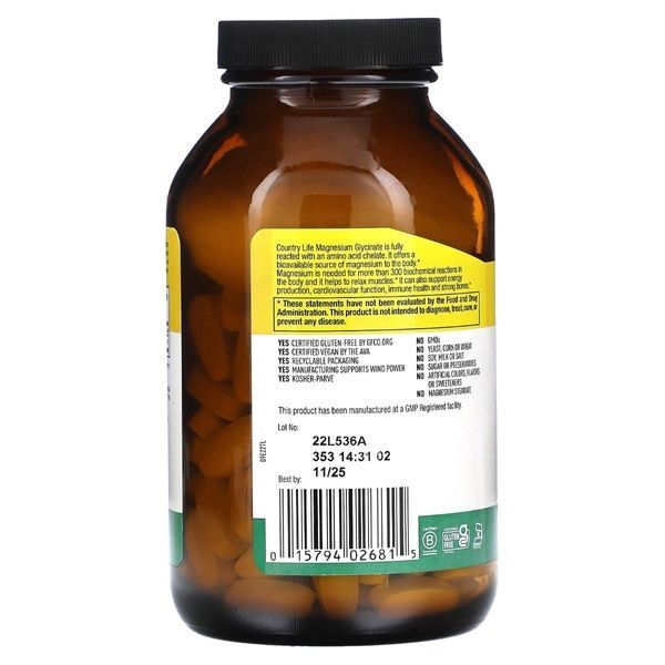 Магний Хелатный глицинат, 400 мг, Chelated Magnesium Glycinate, Country Life, 180 таблеток (133 мг в таблетке),  Country Life фото