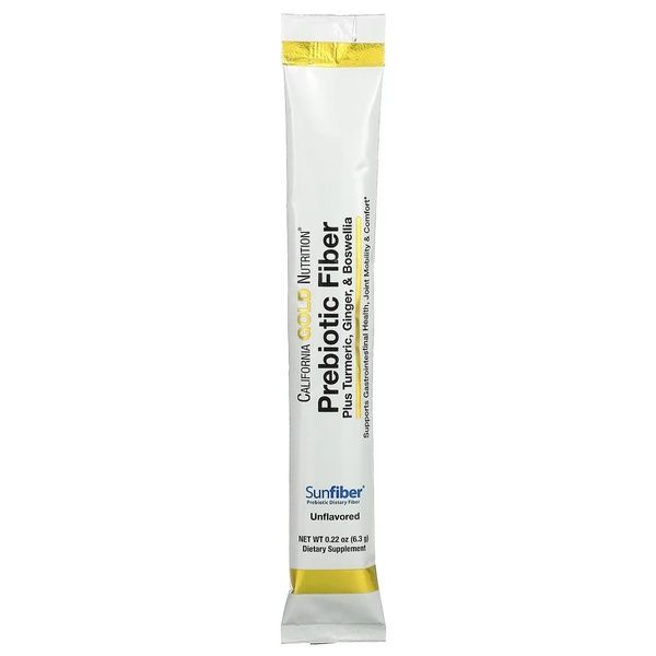 Пребиотическая клетчатка с куркумой имбирем и босвеллией, Prebiotic Fiber Plus Turmeric Ginger & Boswellia, California Gold Nutrition, 3 стика по 6,3 г,  California Gold Nutrition фото