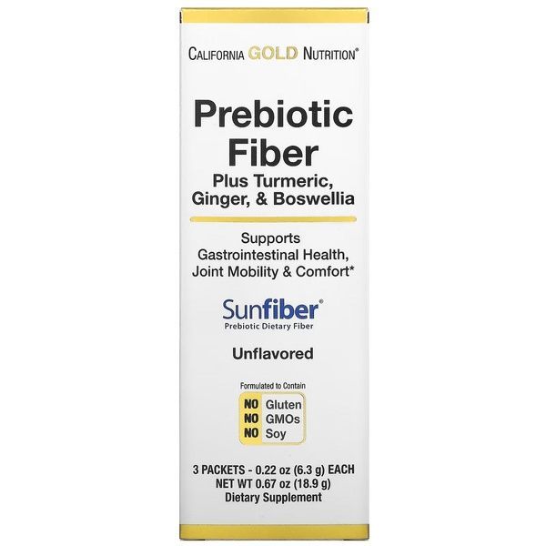 Пребиотическая клетчатка с куркумой имбирем и босвеллией, Prebiotic Fiber Plus Turmeric Ginger & Boswellia, California Gold Nutrition, 3 стика по 6,3 г,  California Gold Nutrition фото