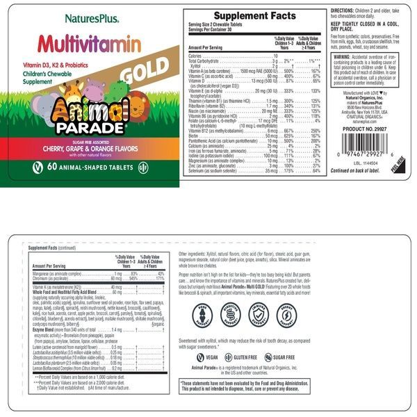 Мультивитамины для Детей, Вкус Ассорти, Animal Parade Gold, Natures Plus, 60 жевательных таблеток,  Natures Plus фото