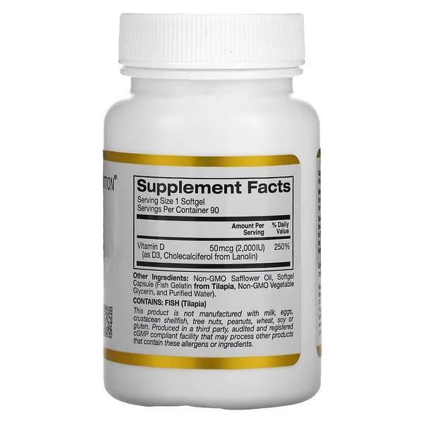 Витамин D3, 2000 МЕ, Vitamin D3, California Gold Nutrition, 90 капсул из рыбьего желатина,  California Gold Nutrition фото