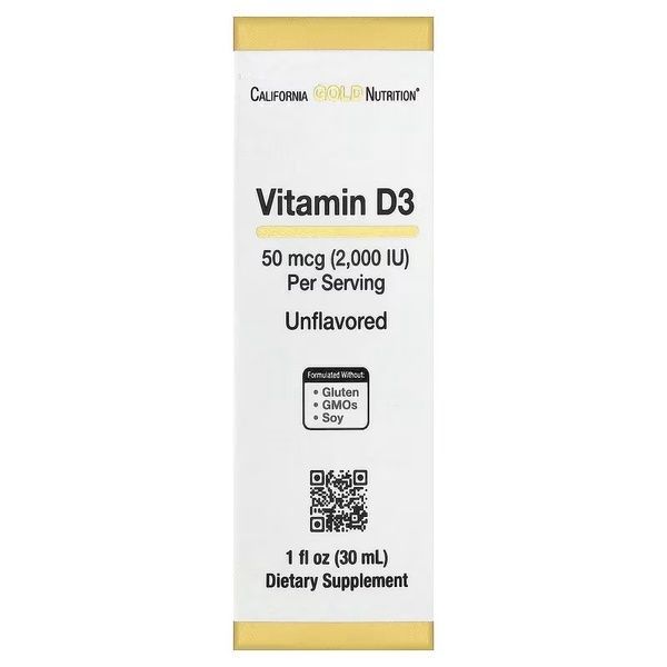 Витамин D3 в каплях, 50 мкг (2000 МЕ), без вкуса, Vitamin D3, California Gold Nutrition, 30 мл,  California Gold Nutrition фото