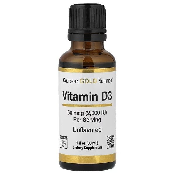 Витамин D3 в каплях, 50 мкг (2000 МЕ), без вкуса, Vitamin D3, California Gold Nutrition, 30 мл,  California Gold Nutrition фото