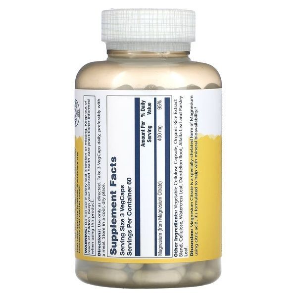 Цитрат Магнію, 400 Мг, Magnesium Citrate, Solaray 180 Капсул,  Solaray фото