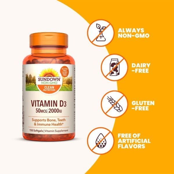 Вітамін D3, 2000 МЕ, Vitamin D3, Sundown Naturals, 150 гелевих капсул,  Sundown фото