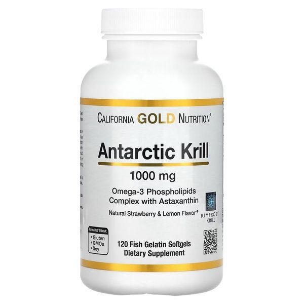 Олія антарктичного криля, 1000 мг, смак полуниці та лимона, Antarctic Krill Oil, Omega-3, California Gold Nutrition, 120 желатинових капсул,  California Gold Nutrition фото