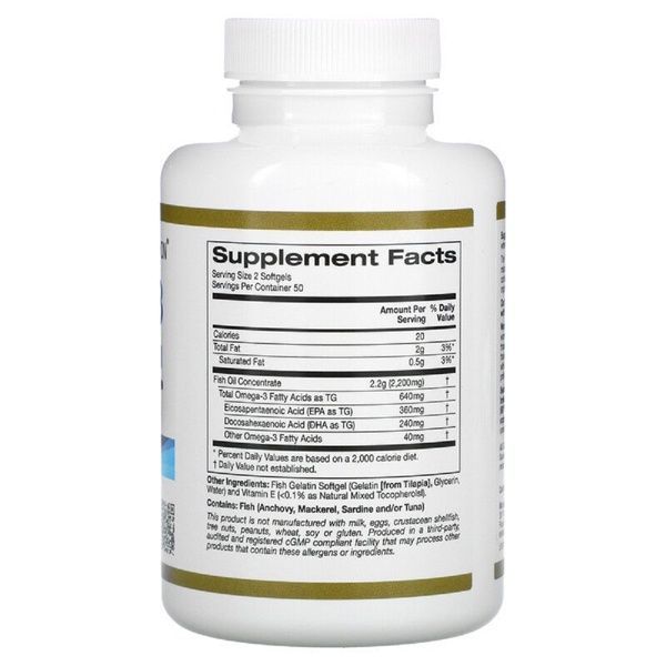 Омега-3, риб'ячий жир преміальної якості, Omega-3, Premium Fish Oil, California Gold Nutrition, 100 рибно-желатинових капсул,  California Gold Nutrition фото
