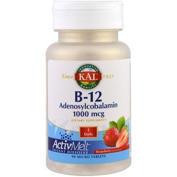 Вітамін B-12, B-12 Adenosylcobalamin, KAL, смак полуниці, 1000 мкг, 90 мікротаблеток,  KAL фото
