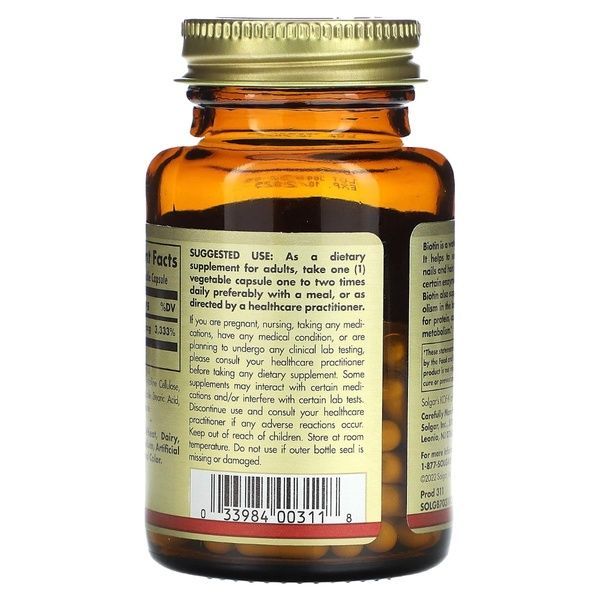 Биотин (В7) 1000 мкг, Biotin, Solgar, 100 вегетарианских капсул,  Solgar фото