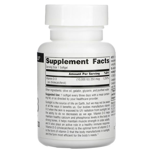 Витамин D-3, 10000 МЕ, Vitamin D-3, Source Naturals, 60 гелевых капсул,  Source Naturals фото