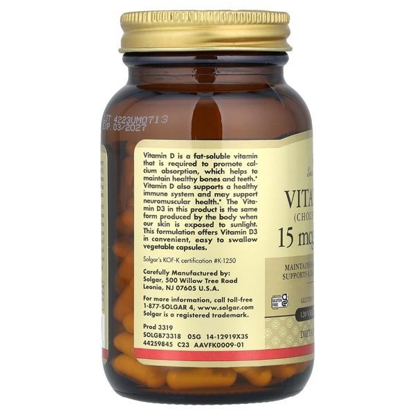 Витамин D3, 15 мкг, 600 МЕ, Cholecalciferol, Solgar, 120 вегетарианских капсул,  Solgar фото