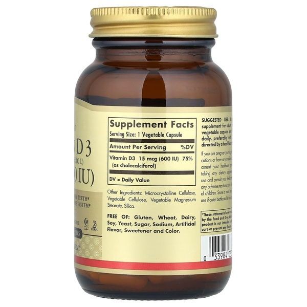 Витамин D3, 15 мкг, 600 МЕ, Cholecalciferol, Solgar, 120 вегетарианских капсул,  Solgar фото