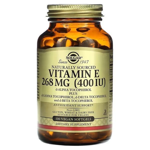 Вітамін Е, 268 мг (400 МО), Naturally Sourced Vitamin E, Solgar, 100 веганських гелевих капсул,  Solgar фото