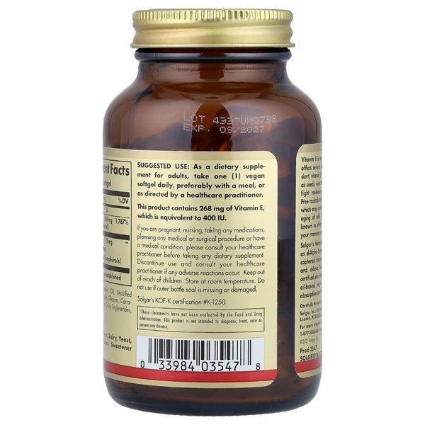 Вітамін Е, 268 мг (400 МО), Naturally Sourced Vitamin E, Solgar, 100 веганських гелевих капсул,  Solgar фото