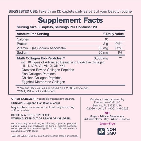 Мультиколагенові біо-пептиди, Multi Collagen Bio-Peptides Protein, Neocell, 60 каплет,  Neocell фото