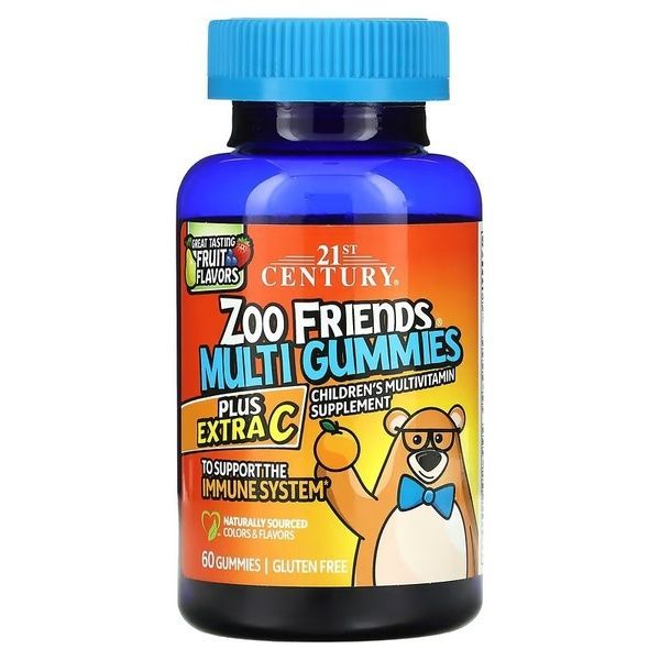 Мультивитамины для детей, усиленный витамин C, вкус фруктов, Zoo Friends Multi, Plus Extra C, 21st Century, 60 жевательных конфет,  21st Century фото
