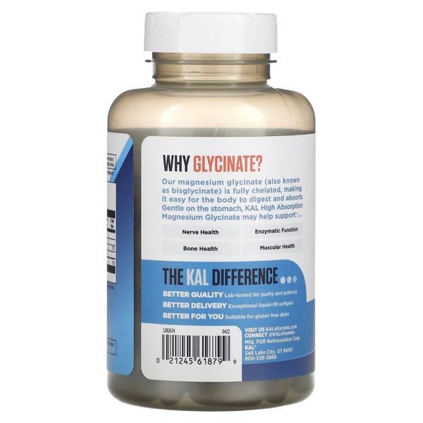 Магний Глицинат высокой усваиваемости, 315 мг, High Absorption Magnesium Glycinate, KAL, 90 желатиновых капсул,  KAL фото