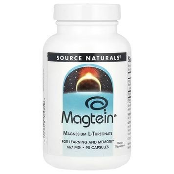 Магний L-треонат, Magtein, Magnesium L-Threonate, Source Naturals, 90 капсул,  Source Naturals фото