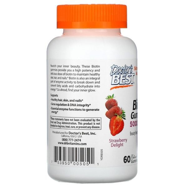 Биотин со Вкусом Клубники, Biotin Gummies, Doctor's Best, 5000 мкг, 60 желейных конфет,  Doctor's Best фото