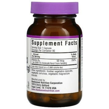 Вітамін D3 2000 МО, Vitamin D3, Bluebonnet Nutrition, 90 вегетаріанських капсул,  Bluebonnet Nutrition фото