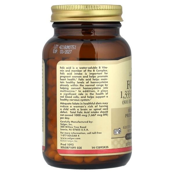 Фолієва Кислота (В9), Folic Acid, 800 мкг, Solgar, 100 рослинніх капсул,  Solgar фото