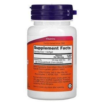 Витамин D3, Vitamin D3, Now Foods, 400 МЕ, 180 желатиновых капсул,  Now Foods фото