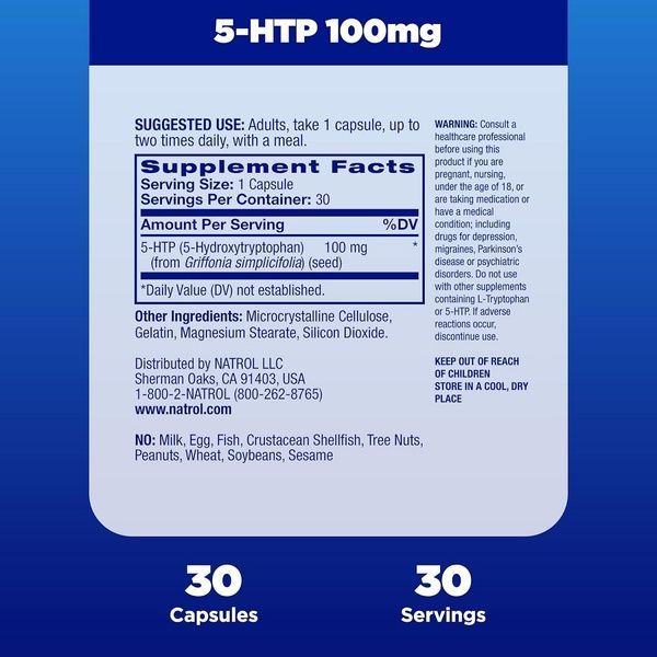 5-HTP (Гидрокситриптофан), 100 мг, 5-HTP, Natrol, 30 капсул,  Natrol фото