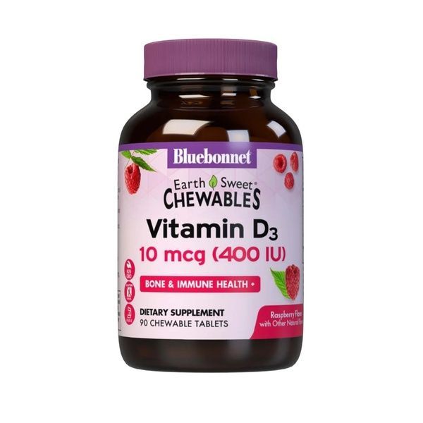Вітамін D3 400IU, Смак Малини, Earth Sweet Chewables, Bluebonnet Nutrition, 90 жувальних таблеток,  Bluebonnet Nutrition фото