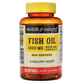 Рыбий жир 1000 мг с Омега-3 300 мг, Omega-3 Fish Oil, Mason Natural, 200 гелевых капсул,  Mason Natural фото