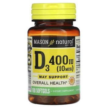 Витамин D3, 10 мкг (400 МЕ), Vitamin D3, Mason Natural, 100 гелевых капсул,  Mason Natural фото