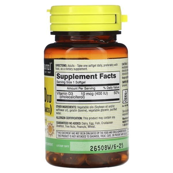 Витамин D3, 10 мкг (400 МЕ), Vitamin D3, Mason Natural, 100 гелевых капсул,  Mason Natural фото