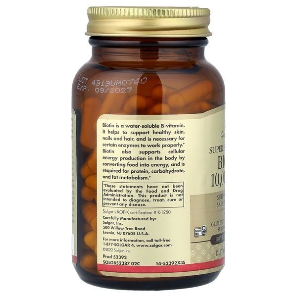 Біотин (В7) 10 000 мкг, Biotin, Solgar, 120 вегетаріанських капсул,  Solgar фото