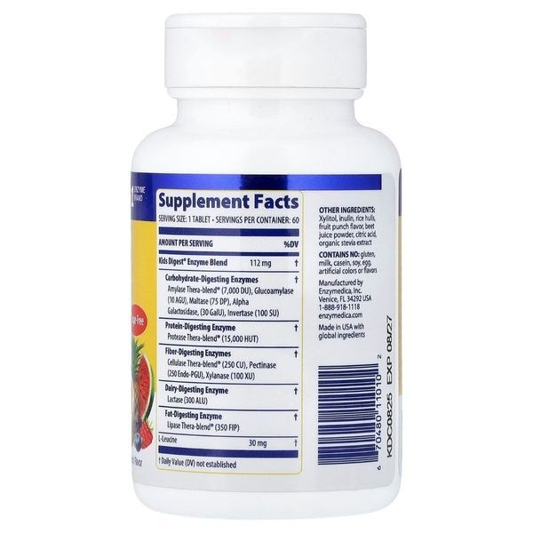 Ферменти травні для дітей, смак фруктів, Kids Digest, Chewable Digestive Enzymes, Enzymedica, 60 жувальних таблеток,  Enzymedica фото