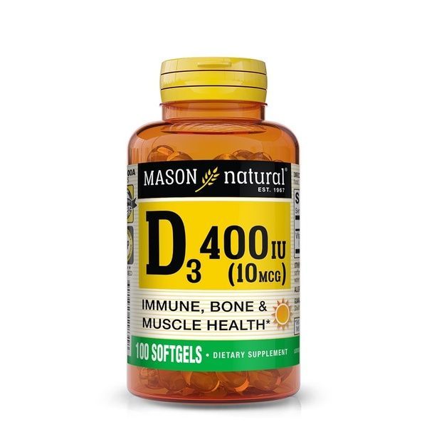 Витамин D3, 10 мкг (400 МЕ), Vitamin D3, Mason Natural, 100 гелевых капсул,  Mason Natural фото