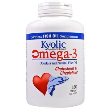 Омега-3, натуральний риб'ячий жир без запаху, Omega-3, Cholesterol & Circulation, Kyolic, 180 гелевих капсул,  Kyolic фото