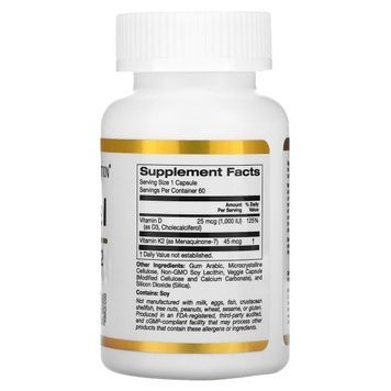 Ліпосомальний Вітамін D3+K2, 1000 МО та 45 мкг, Liposomal Vitamin D3+K2, California Gold Nutrition, 60 вегетаріанських капсул,  California Gold Nutrition фото