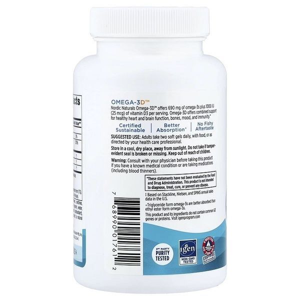 Омега-3 и витамин D3, 690 мг и 25 мкг (1000 МЕ), вкус лимона, Omega-3D, Nordic Naturals, 60 гелевых капсул,  Nordic Naturals фото