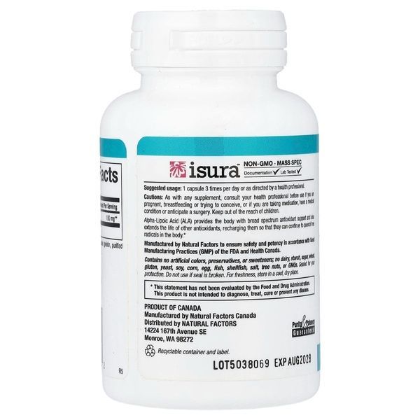 Альфа-ліпоєва кислота, 100 мг, Alpha-Lipoic Acid, Natural Factors, 60 капсул,  Natural Factors фото