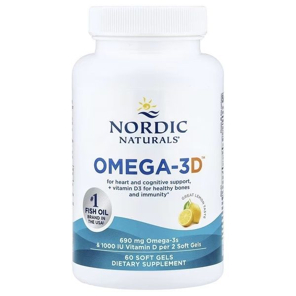 Омега-3 и витамин D3, 690 мг и 25 мкг (1000 МЕ), вкус лимона, Omega-3D, Nordic Naturals, 60 гелевых капсул,  Nordic Naturals фото