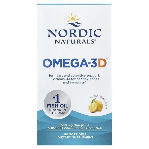 Омега-3 и витамин D3, 690 мг и 25 мкг (1000 МЕ), вкус лимона, Omega-3D, Nordic Naturals, 60 гелевых капсул,  Nordic Naturals фото