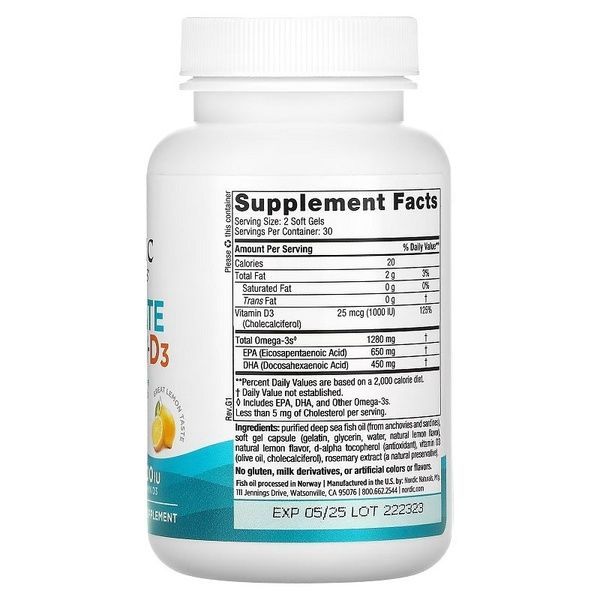 Омега-3 и витамин D3, 1280 мг и 25 мкг (1000 МЕ), вкус лимона, Ultimate Omega-3D, Nordic Naturals, 60 гелевых капсул,  Nordic Naturals фото
